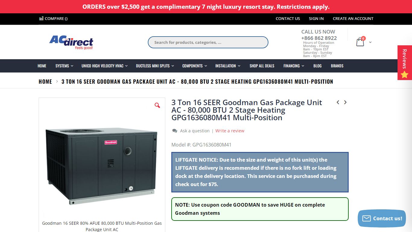 3 Ton 16 SEER Goodman Gas Package Unit | Gas Pack HVAC - AC Direct